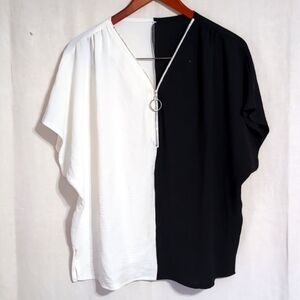 Shein Black White Split Zip Front Blouse Size Medium